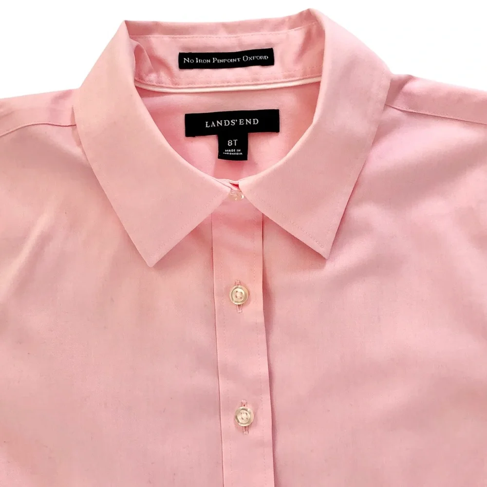 Lands’ End No Iron Pinpoint Oxford Classic Pink Button Up Size 8T - Picture 9 of 10